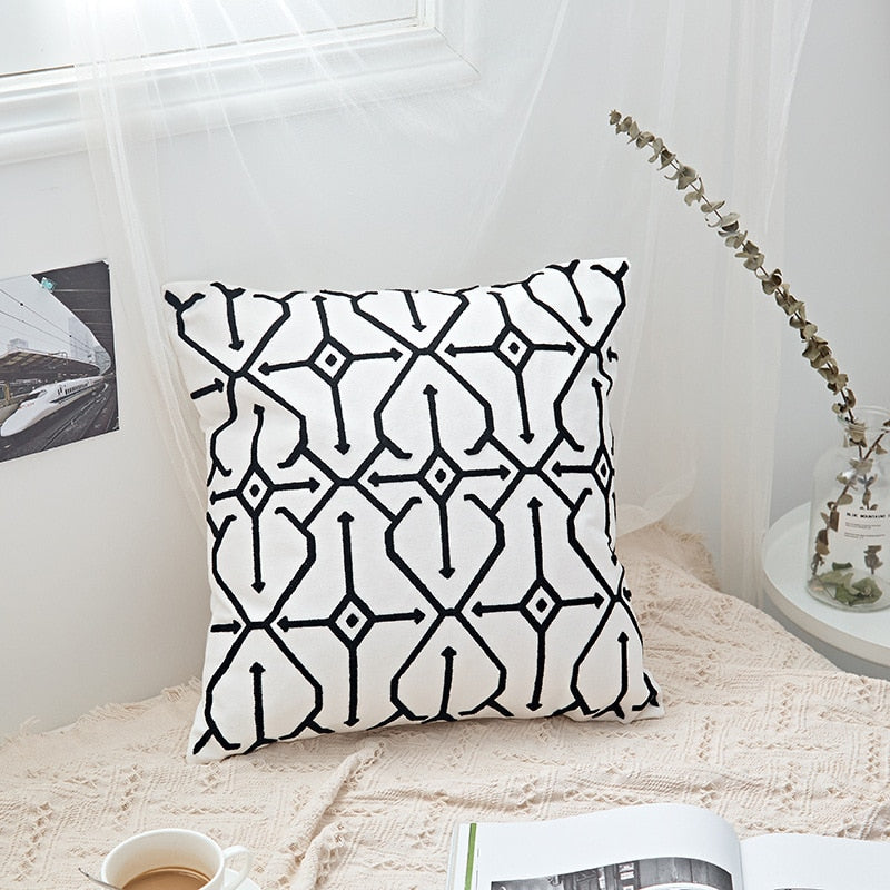 Home Decor Embroidered Cushion Cover Black White Abstract Geometric Canvas Cotton Square Embroidery Pillow Cover 45x45cm