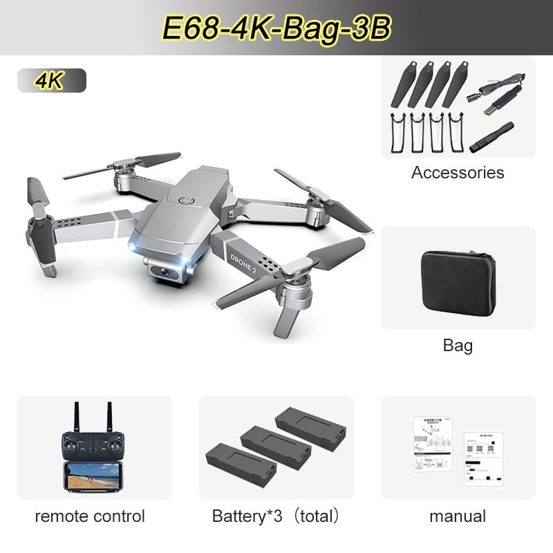 JINHENG E68 Mini RC Drohne 4K 1080P HD Kamera Wifi FPV Luftdruck Höhenhaltemodus Faltbarer Quadcopter Spielzeug Kindergeschenk