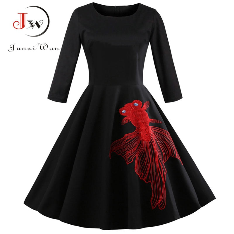 Elegant Black Embroidery Wrist Sleeve Women Dresses 2022 New Autumn Winter Casual O Neck Cotton A Line Vintage Party Vestidos