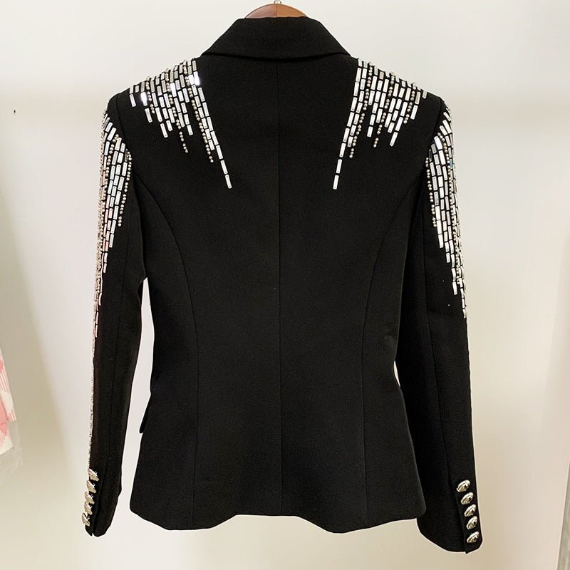 HIGH STREET 2022 Newest Fashion Designer Jacket Women's Double Breasted Luxurious Stunning Silver Metal Buttons Beaded Blazer