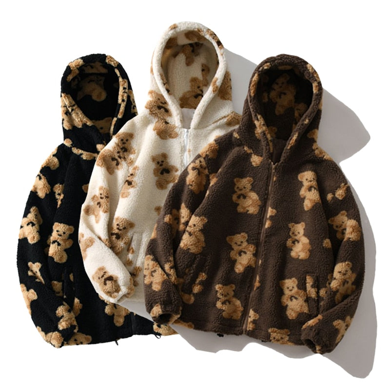 Sudadera con capucha de lana de cordero con oso de dibujos animados para mujer, sudaderas informales de gran tamaño, ropa de invierno marrón, chaquetas para mujer, bonitos abrigos coreanos