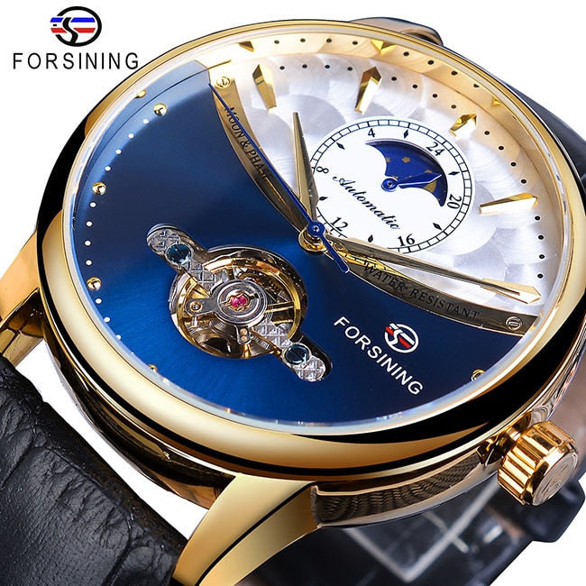 Forsining Mondphase Automatikuhr Royal Herren Golden Wasserdicht Mechanische Armbanduhr Casual Echtleder Tourbillon Uhr