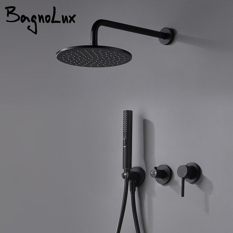 Desviador de grifo mezclador de ducha incorporado con soporte de salida de agua Bagnolux Juego de baño de cabeza de lluvia de latón negro
