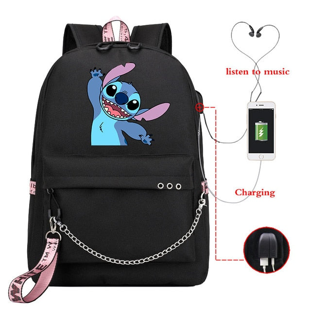 Disney Kawaii Stitch Bag Zipper USB Charging Mochila Capacity Backpack Women Kpop School Bags for Teenage Girls Students