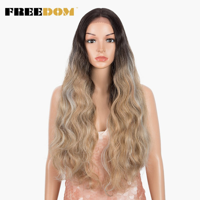 FREEDOM Synthetic Lace Wigs Long Natural Wave 30inch Omber Blue Rainbow Color Pink Hair Wigs Heat Resistant Fiber Cosplay Wigs