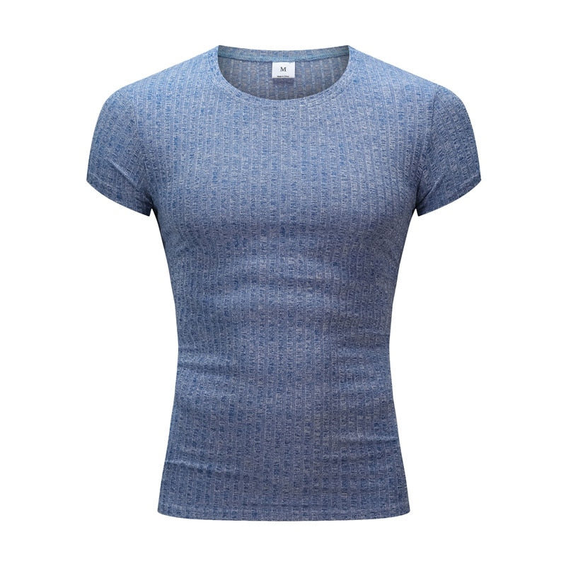 Camiseta de manga corta con cuello de pico para hombre, camiseta de tiras deportivas ajustadas para Fitness, camisetas de moda sólidas para hombre, ropa de gimnasio de punto de verano