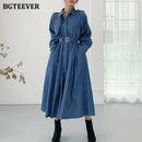 BGTEEVER 2020 Vintage Chic Women A-line Long Denim Dress Autumn Winter Single-breasted Belted Female Jeans Dress Loose Vestidos