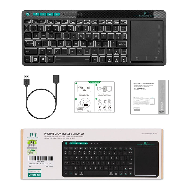 Rii K18 Plus Wireless Multimedia English Russian French Hebrew Keyboard 3-LED Color Backlit with Multi-Touch for TV Box,PC