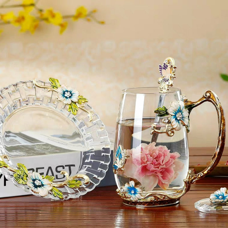 Schönheit und Neuheit Emaille Kaffeetasse Becher Blume Tee Glas Tassen für heiße und kalte Getränke Teetasse Löffel Set Perfektes Hochzeitsgeschenk