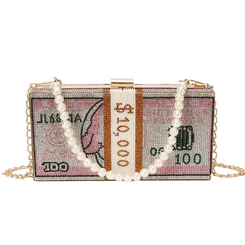 Stack of Cash Women Diamond Money Dinner Purses and Handbags Evening Clutch Bags for Female Chain Luxury Wedding Flaps Totes