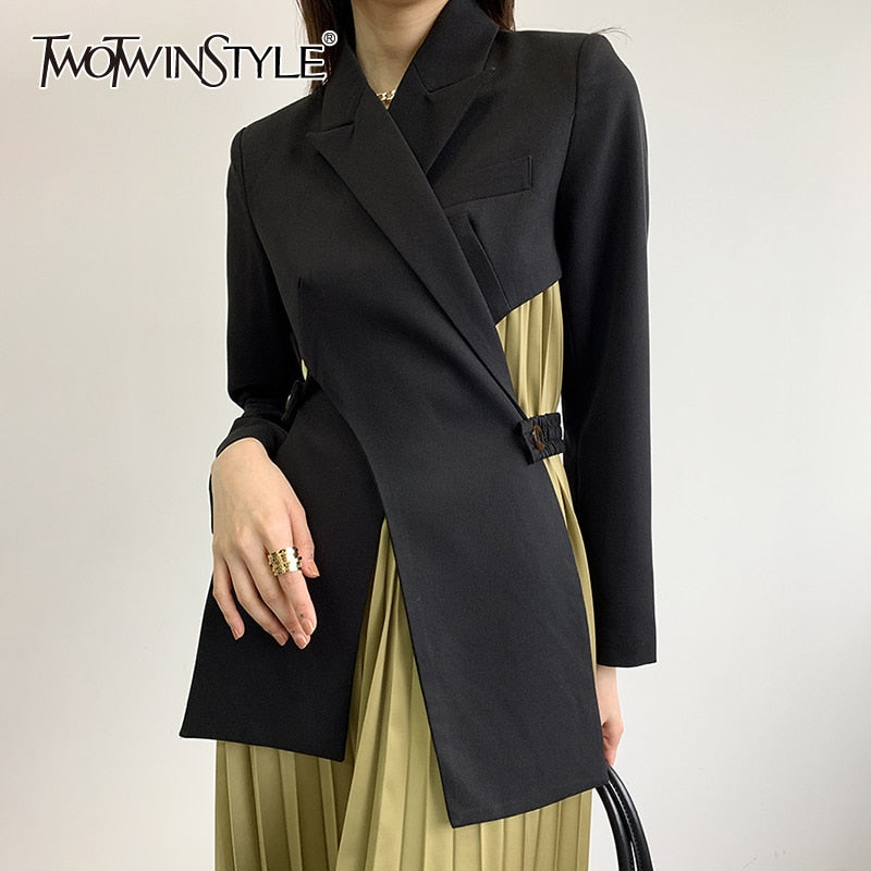 TWOTWINSTYLE Black Temperament Blazer For Women Notched Long Sleeve Hollow Out Casual Blazers Female Fashion New Clothing 2021