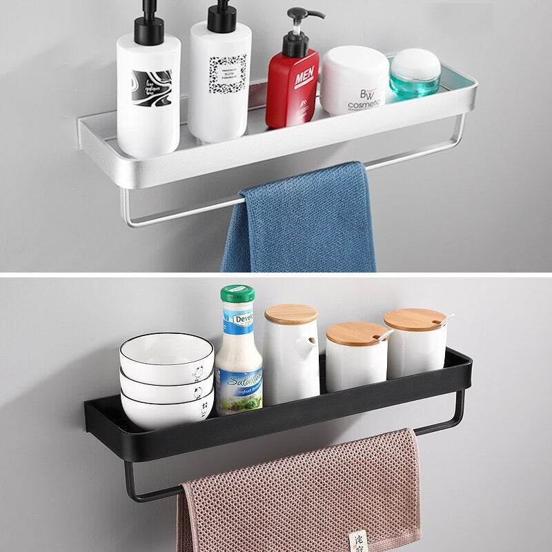 Bathroom Shelf Black with Towel Bar Space Aluminum Bathroom Shelves Shampoo Holder Shower Caddy Rack Corner Kitchen Storage Rack