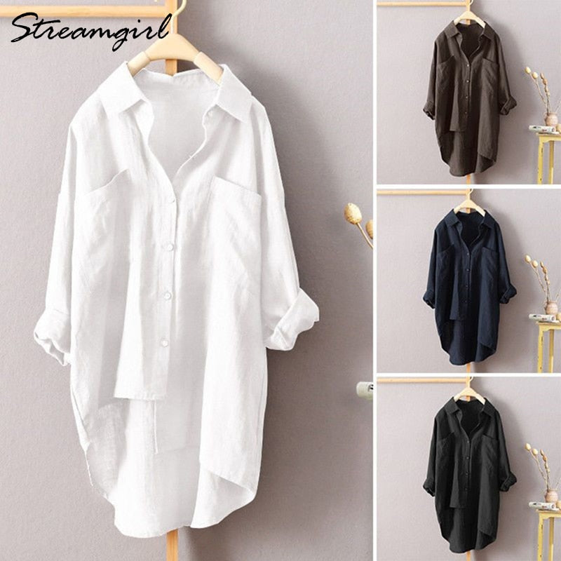 White Linen Shirt Women Long Sleeve Autumn Work Wear White Shirt Linen Blouse Female Women&#39;s Blouse Women&#39;s Shirts With Pocket