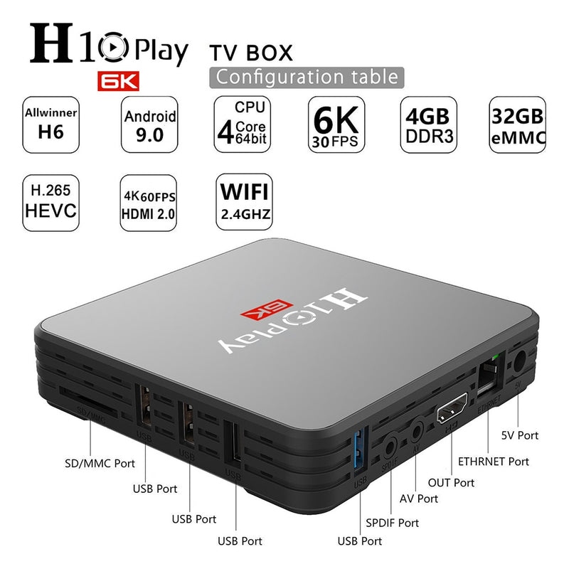 Android 9.0 TV Box, AllwinnerH6 Quad-Core, 6K HD Soporte de reproductor multimedia en varios idiomas WiFi de 2,4 GHz