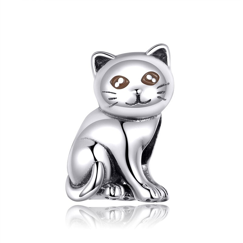 WOSTU Cute Cat Charms 925 Sterling Silver Animal Pussy Zirconia Beads Fit Original Bracelet Pendant DIY Necklace Jewelry