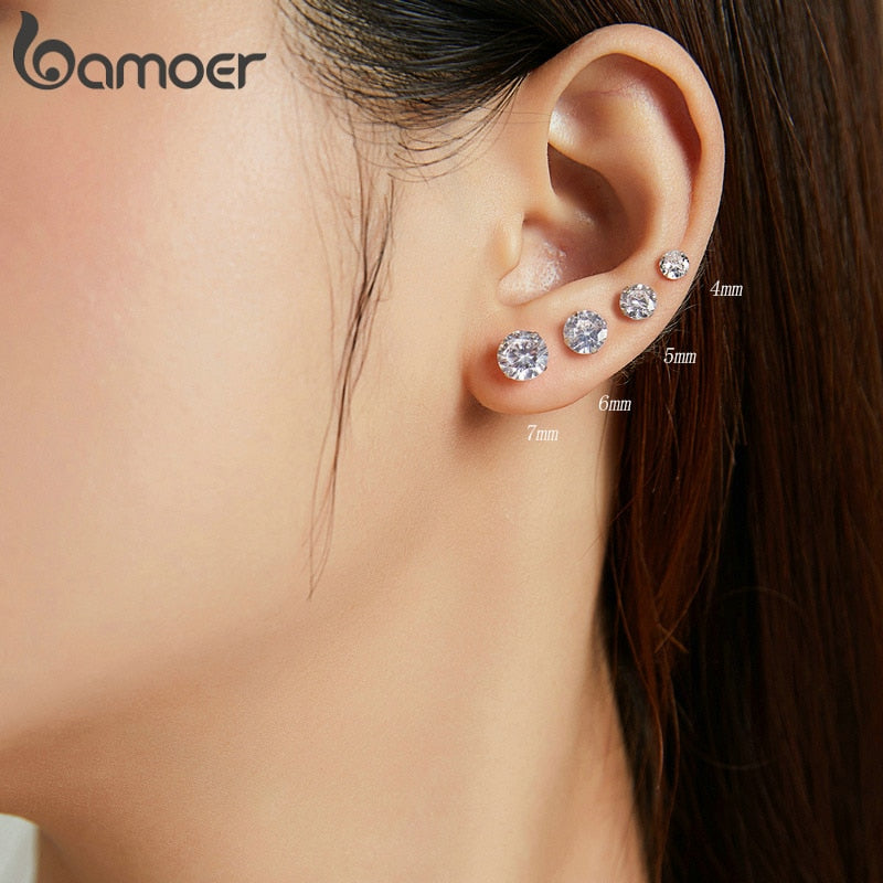 bamoer HOT SALE Basic Wedding Stud Earrings Solid Silver 925 Clear Cubic Zirconia Women Statement Earrings BSE166