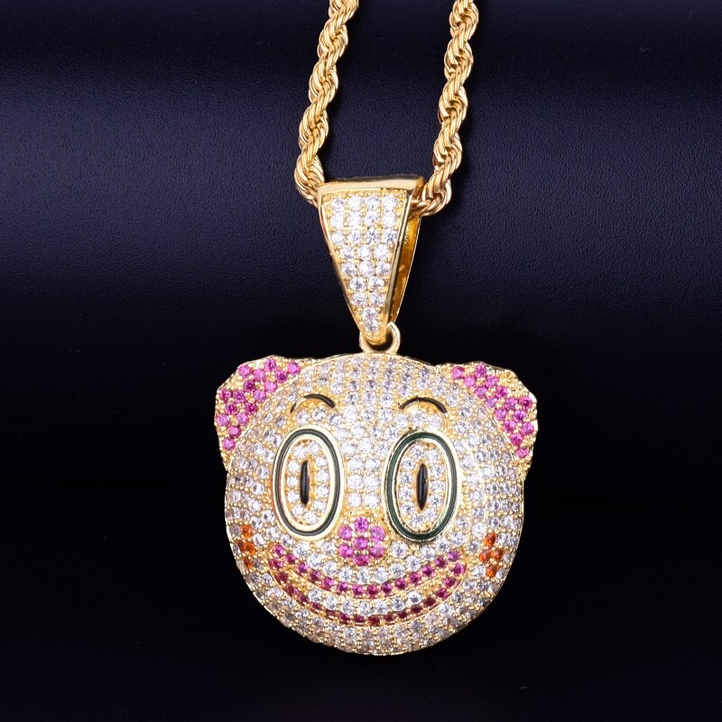 Clown Round Face Pendant Necklace Gold Color Charm Cubic Zircon Men&