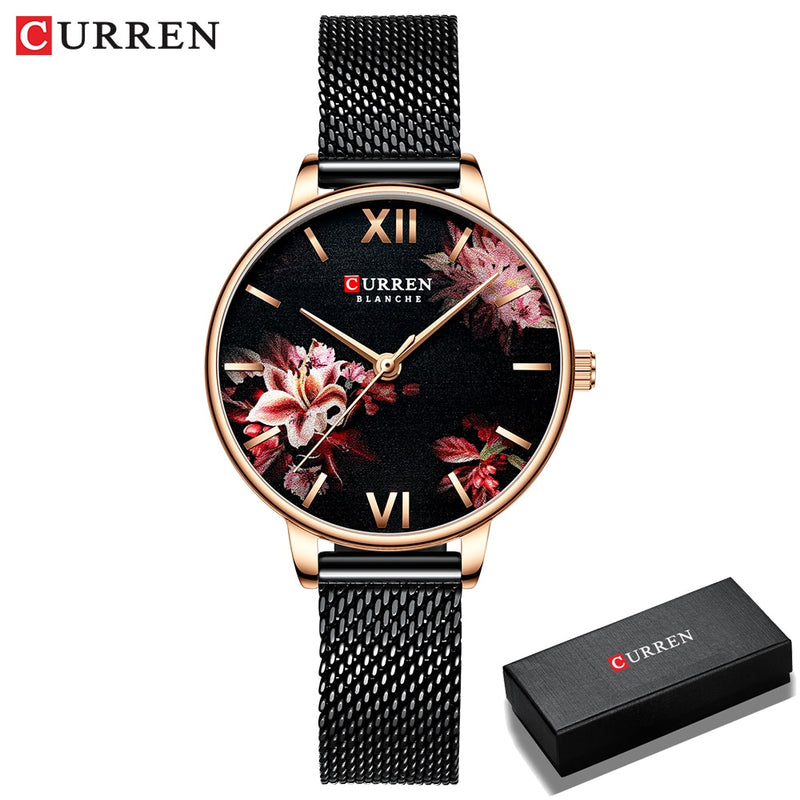 Relojes de mujer CURREN, reloj negro, reloj de pulsera de cuarzo de malla de acero inoxidable, reloj informal con encanto para mujer, relojes femeninos