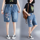Frauen Sommer Folk Style Elastische Taille Blumenstickerei Kordelzug Zerrissene Shorts Weibliche Bürodame Beiläufige Lose Denim Short