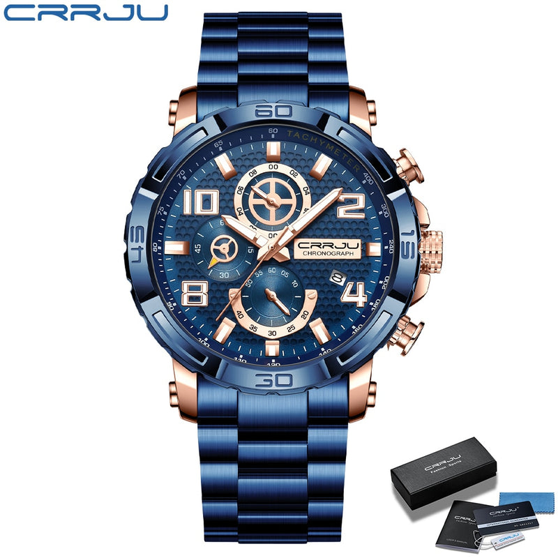 Relojes CRRJU para hombre, esfera grande, resistente al agua, de acero inoxidable, con manecillas luminosas, cronógrafo deportivo, reloj Masculino