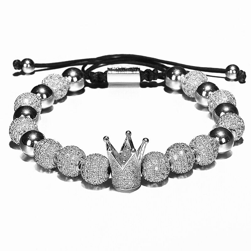 Luxury Crown Charm Men Bracelets 8mm Micro Pave CZ Round Braided Macrame Bracelet Pulseira Feminina Handmade Jewelry Women Gift