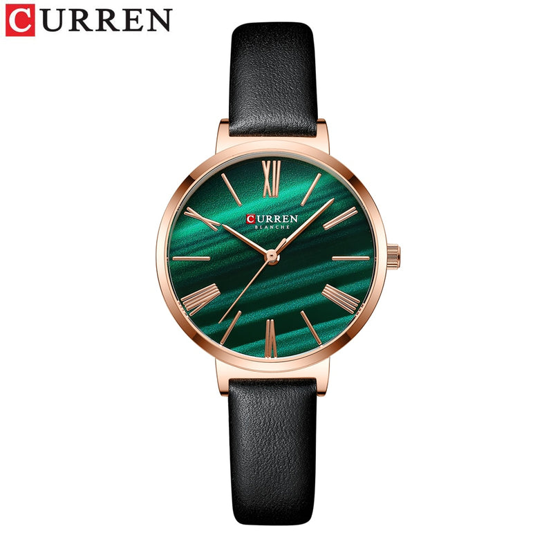 Relojes de lujo de moda CURREN para mujer, reloj de pulsera de cuarzo verde malaquita con reloj de cuero para mujer