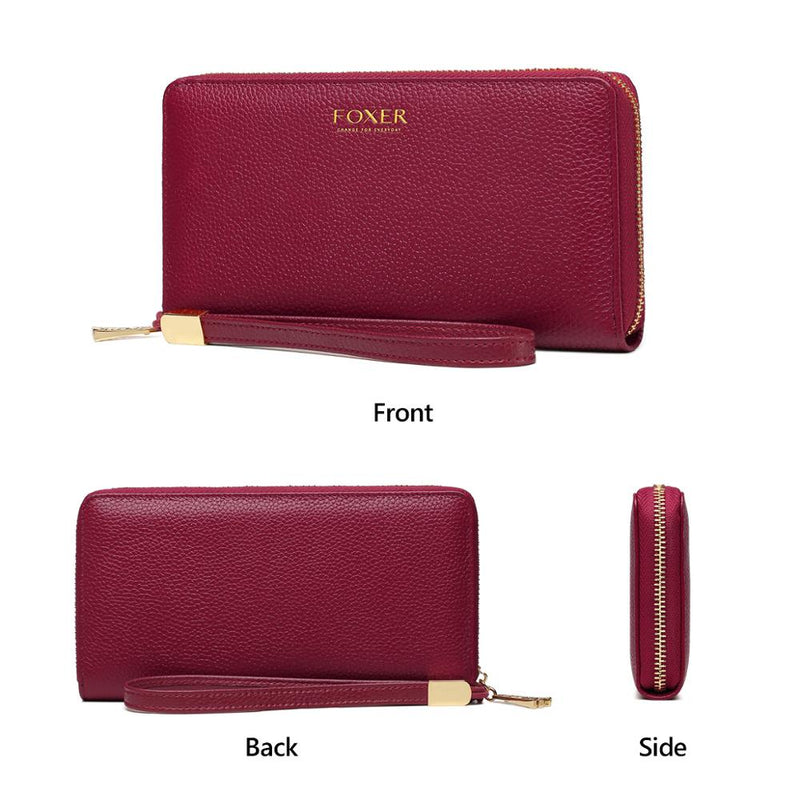 FOXER Women Split Cow Leather Long Wallet Ladies Luxury Card Holder Slot Money Bag Cowhide Phone Bag Simple Purse Female ID Case