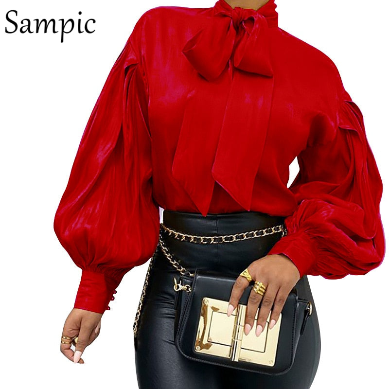 Sampic Women Fashion Female Casual Office Turtleneck Satin Blouse Shirt Red Vintage Long Sleeve Blouse Tops Spring