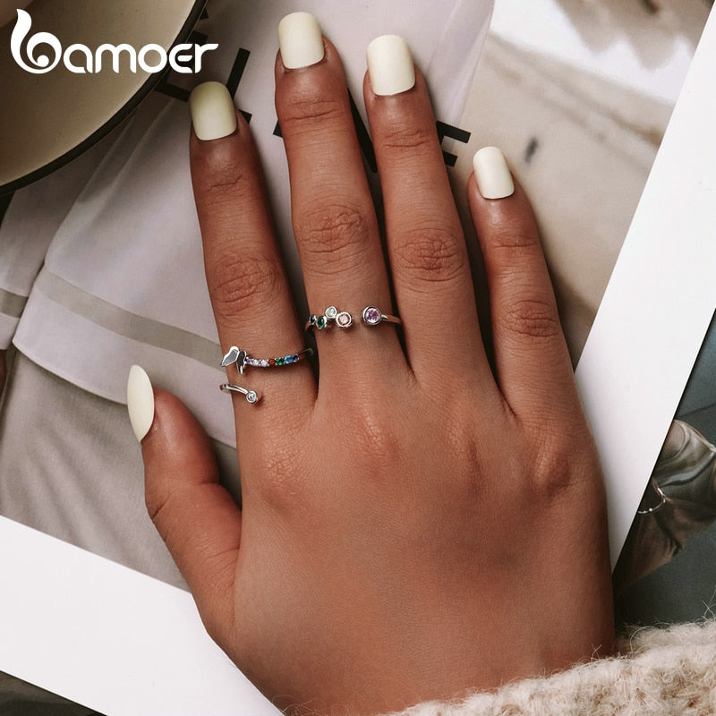 bamoer Sterling Silver 925 Signet Ring Colorful Bubbles Open Finger Rings for Women Free Size Korean Style Jewelry BSR149