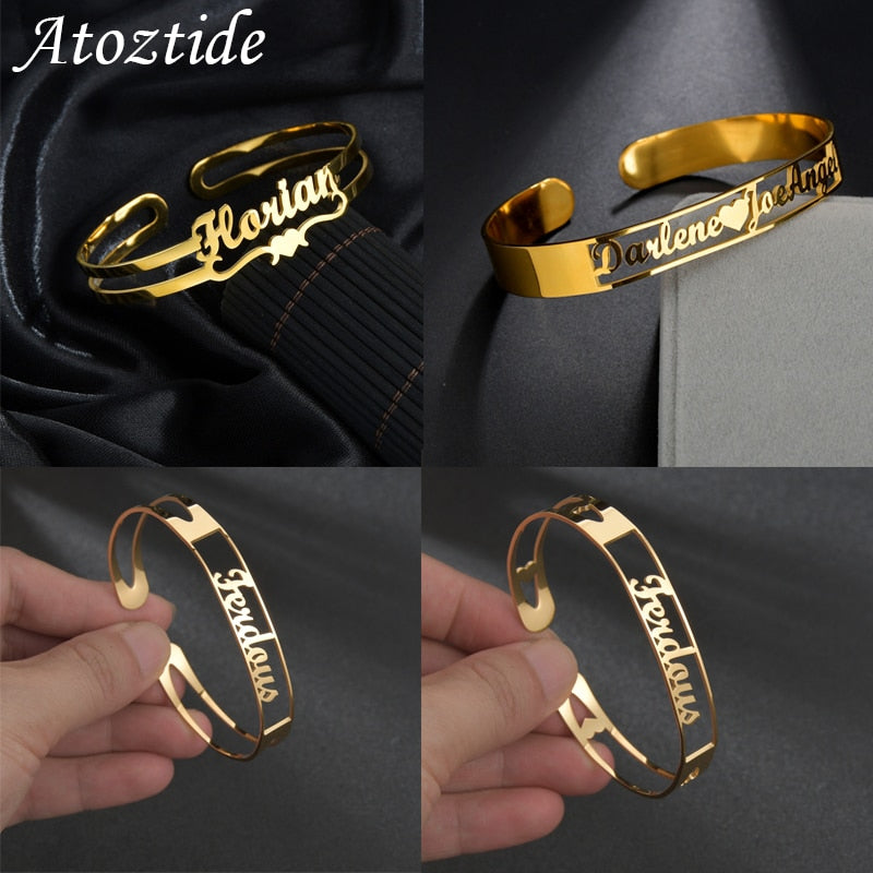 Atoztide, pulsera personalizada con nombre de letra, brazaletes personalizados para mujeres y hombres, oro rosa, acero inoxidable, regalo de joyería de Navidad