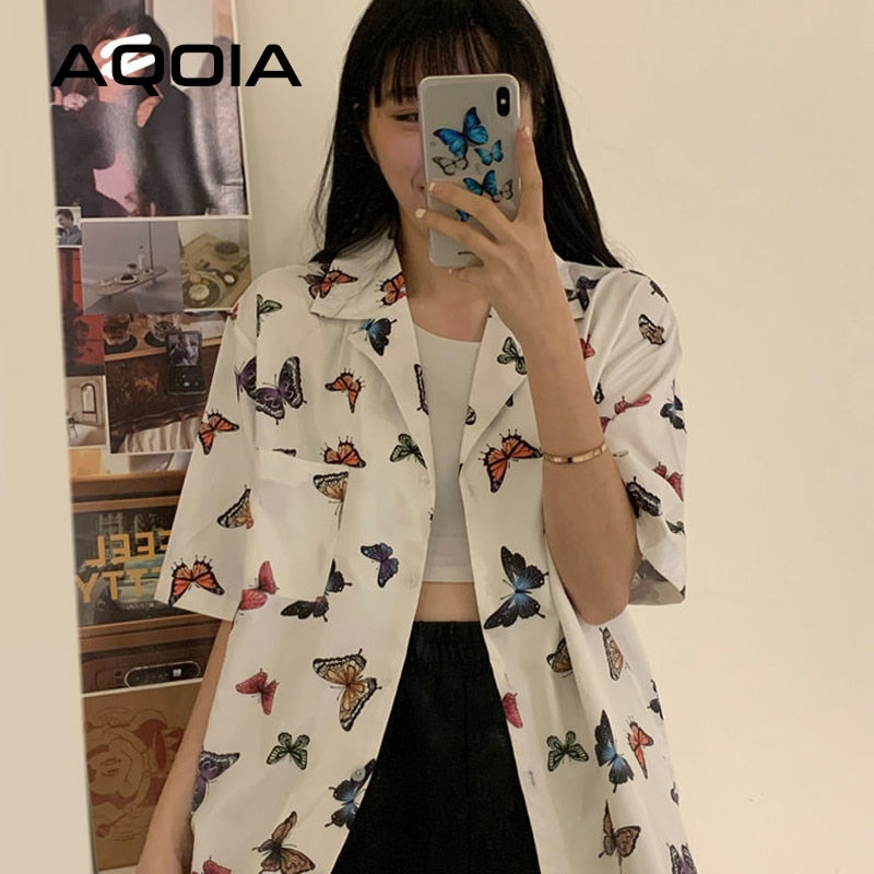 Chic Vitage Short Sleeve Loose Women Blouse Shirt Y2K Butterfly Printing Button Up Pockets Womens Shirts 2022 Summer Y2K Tops