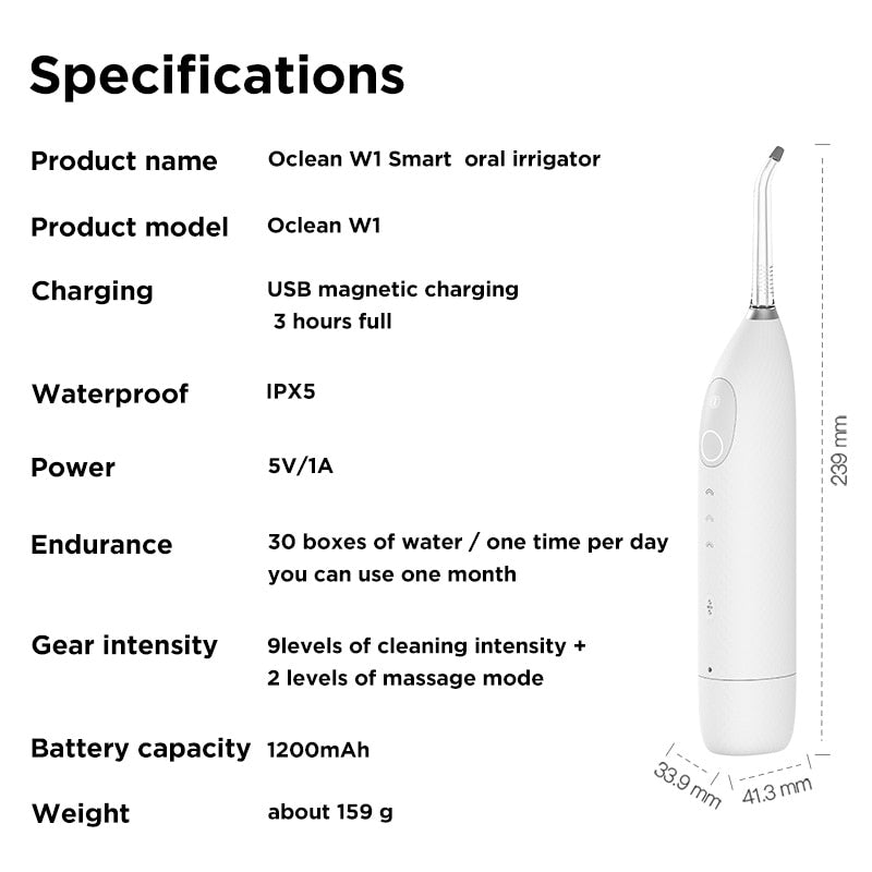 Flosser de aire inalámbrico Oclean para dientes W1 Irrigador bucal Recargable Flosser de agua con 9 modos de hilo dental