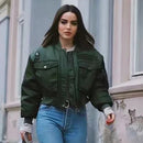 2020 stylish lady autumn winter za green short jackets women fashion long sleeve zipper bomber jacket outwear women's coat
