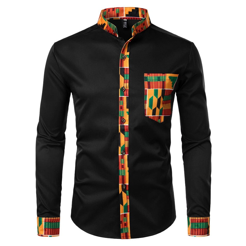 Dashiki, camisa africana para hombre, camisa con estampado africano de bolsillo de retazos, camisa de vestir para hombre con cuello de diseño de manga larga de estilo Ankara para hombre