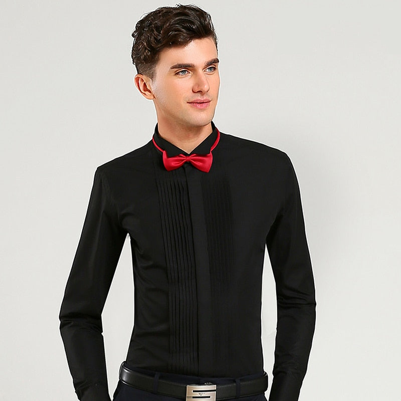 Esmoquin de boda para hombre, camisas de vestir de manga larga, gemelos franceses, pliegue de cola de golondrina, diseño de botones oscuros, camisa de caballero, blanco, rojo y negro