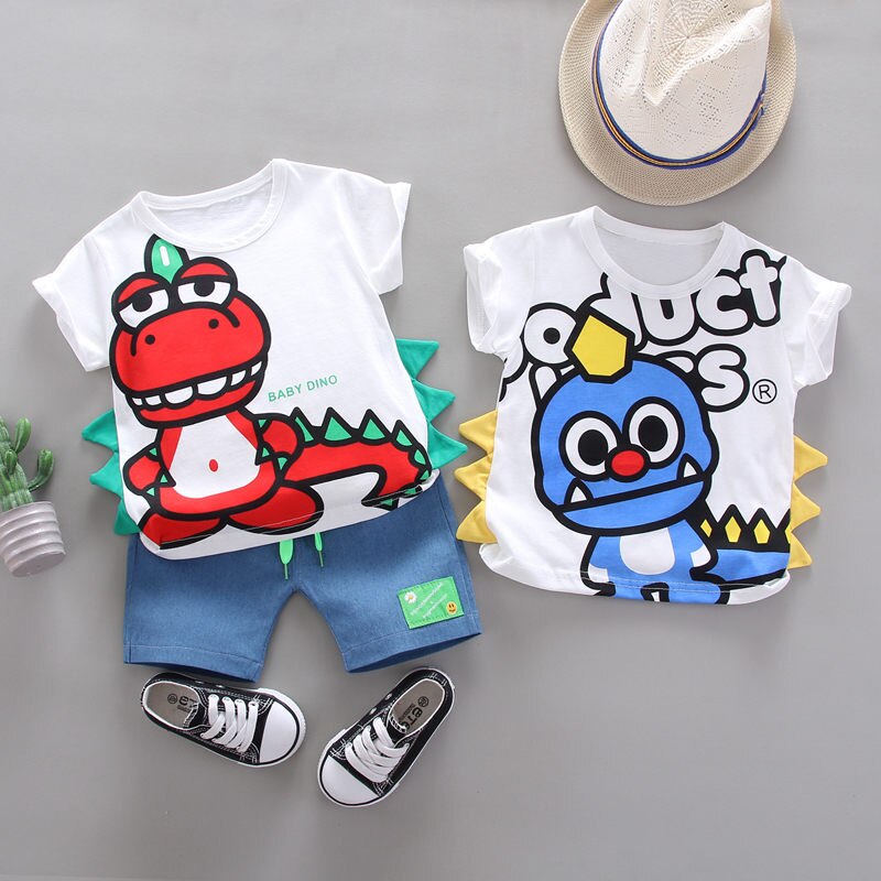 Children Cotton Clothes Summer Baby Boys Dinosaur modeling O-Neck T Shirts Denim Shorts 2Pcs/sets Infant Kids Toddler Tracksuits