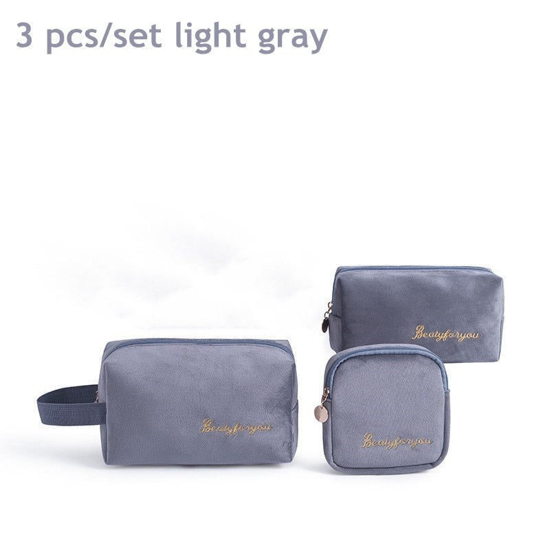 PURDORED 3 Pcs/set Velvet Cosmetic Bag Set Solid Women Makeup Bag Organizer Travel Toiletry Wash Bag Kit Neceser Kosmetyczka