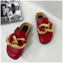 SUOJIALUN  New Brand Design Gold Chain Women Slipper Closed Toe Slip On Mules Shoes Round Toe Low Heels Casual Slides Flip Flop