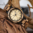 BOBO BIRD Hombres Relojes de pulsera Movimiento de cuarzo Calendario completo Reloj de madera Semana Pantalla relogio masculino en caja de regalo