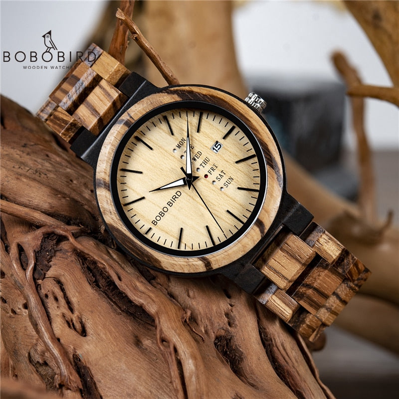 BOBO BIRD Hombres Relojes de pulsera Movimiento de cuarzo Calendario completo Reloj de madera Semana Pantalla relogio masculino en caja de regalo