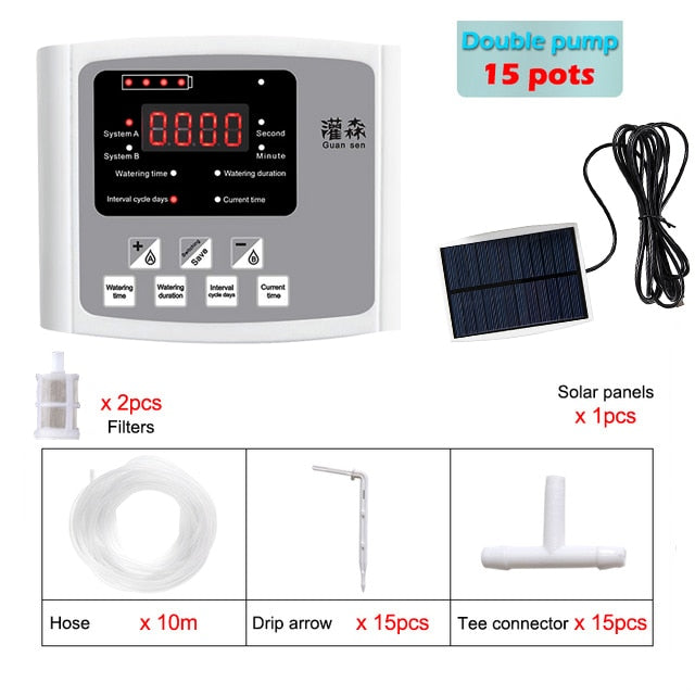 Garden Drip Irrigation Device Double Pump Controller Timer System Solar Energy Intelligent Automatic Watering Device for Plants