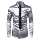 2pcs Silver Silk Shirt+Tie Mens Satin Smooth Tuxedo Shirts Casual Button Down Men Dress Shirts Wedding Party Prom Chemise Homme