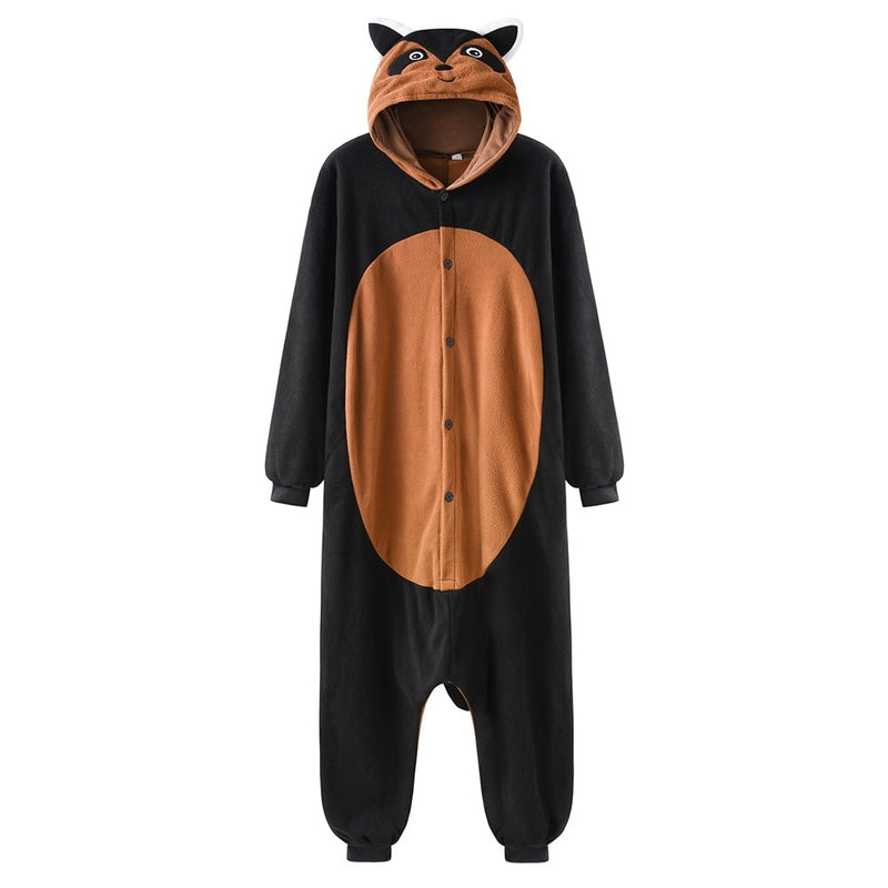 Waschbär Onesies Damen Pyjama Tier Kigurumis Niedlicher warmer Winteroverall Halloween Anzug Polarfleece Erwachsene Unisex