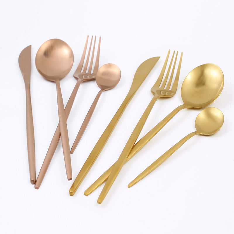 24Pcs Matte Gold Dinnerware Set 18/10 Stainless Steel Knife Fork Spoon Cutlery Set Kitchen Silverware Flatware Tableware Set