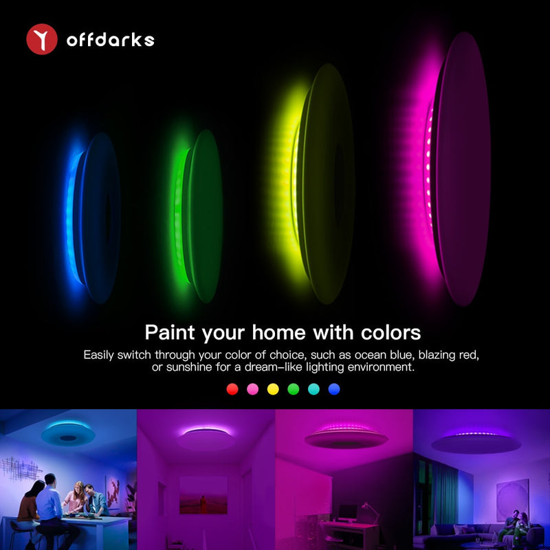 OFFDARKS, luces de techo LED inteligentes, WIFI, Control de voz, Control de aplicación, atenuación RGB, Altavoz Bluetooth, lámpara de techo, cocina, sala de estar