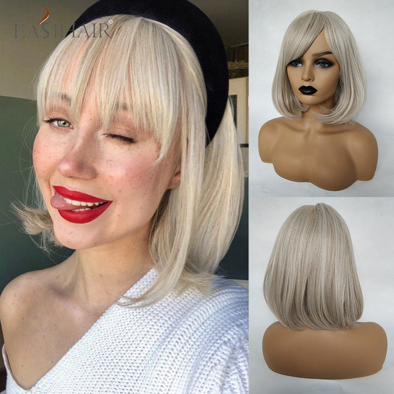 EASIHAIR marrón oscuro corto BoBo pelucas con flequillo resistente al calor pelucas de pelo sintético Cosplay Lolita pelucas femeninas para mujeres