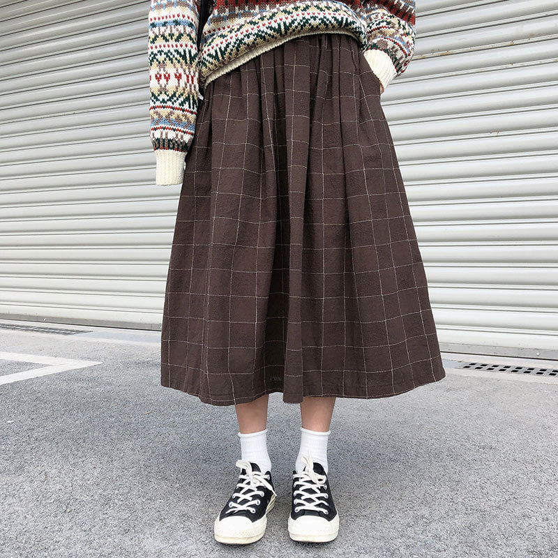 2 colores estilo japonés alta cintura elástica Faldas largas Mujer 2019 otoño invierno a cuadros A-line Faldas plisadas para mujer (X1078)