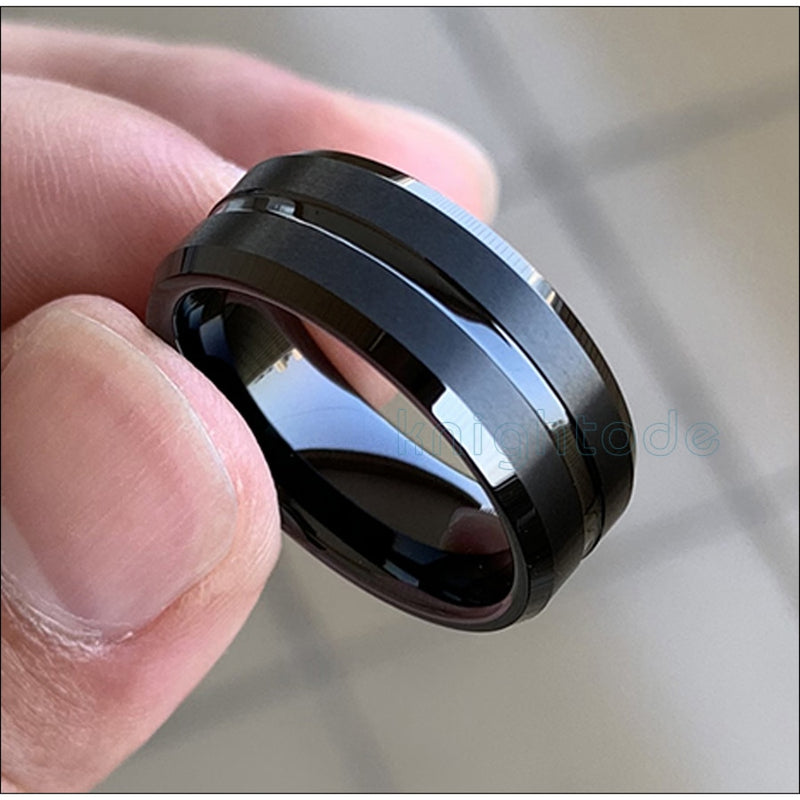 8mm/6mm Black Tungsten Carbide Rings For Trendy Party Men Women Wedding Band Grooved Center Beveled Edges Matte Comfort Fit