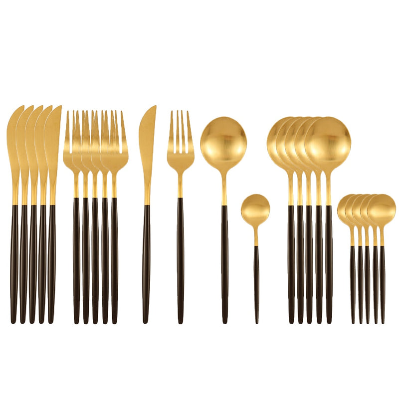 24Pcs Matte Gold Dinnerware Set 18/10 Stainless Steel Knife Fork Spoon Cutlery Set Kitchen Silverware Flatware Tableware Set