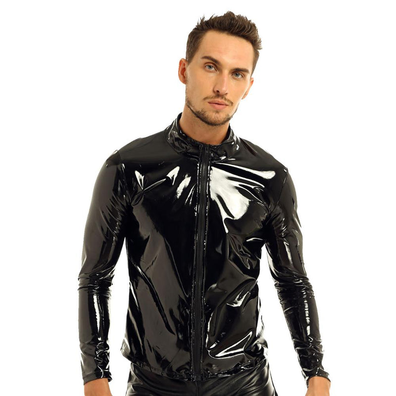 iiniim Men Shiny Metallic Long Sleeve Front-Zip Stand Collar Tops Wet Look Patent Leather Night Clubwear Shirt Top Performance